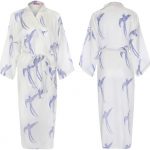 Kimono Style Dressing Gown - Long Tailed Bird Blue on White