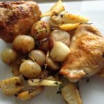 Thyme and shallots roast chicken with celeriac chips